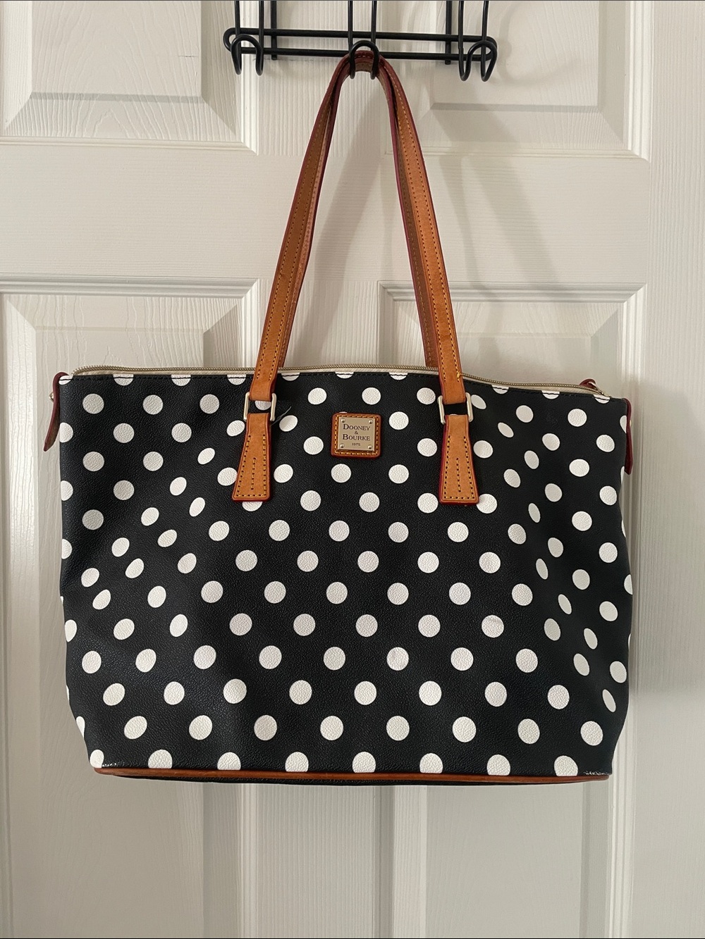 Dooney & Bourke Black and White Polka Dot Tote with Brown Trim